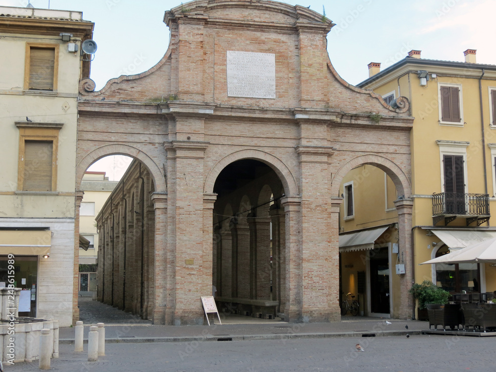 Ancient fish market on the square Cavour, Rimini, Italy. Young artists exhibit their works here.