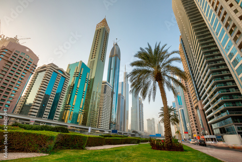 Morning view of modern skyscrapers of the skyline along the business center of Sheikh Zayed Road in Dubai, UAE. © Lukas Gojda