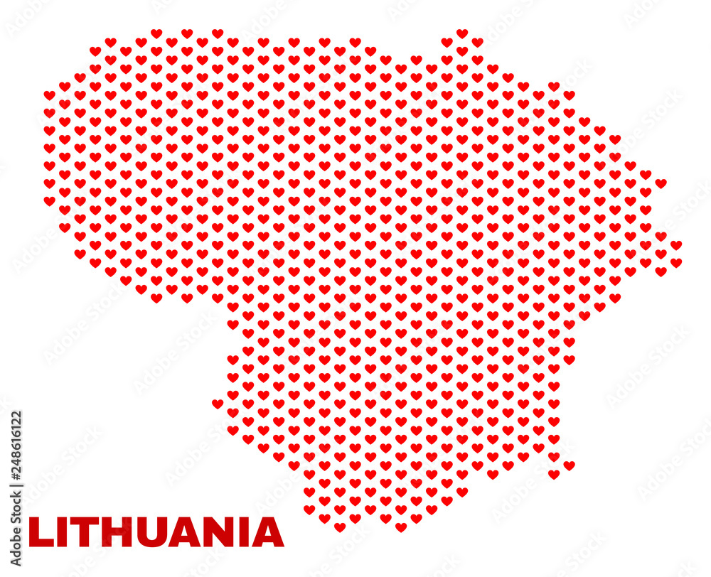 Mosaic Lithuania map of valentine hearts in red color isolated on a white background. Regular red heart pattern in shape of Lithuania map. Abstract design for Valentine decoration.