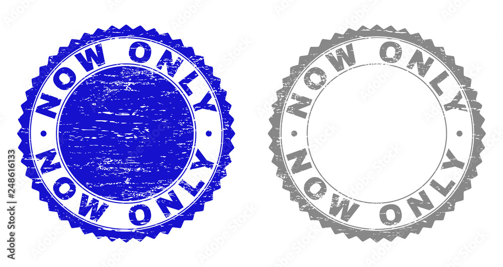 Grunge NOW ONLY stamp seals isolated on a white background. Rosette seals with grunge texture in blue and grey colors. Vector rubber stamp imitation of NOW ONLY caption inside round rosette. Grunge NOW ONLY stamp seals isolated on a white background. Rosette seals with grunge texture in blue and grey colors. Vector rubber stamp imitation of NOW ONLY caption inside round rosette.