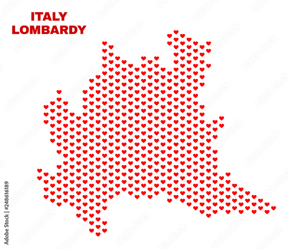 Mosaic Lombardy region map of love hearts in red color isolated on a white background. Regular red heart pattern in shape of Lombardy region map. Abstract design for Valentine illustrations.
