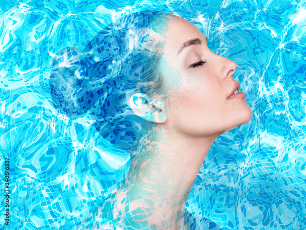 Double exposure of female face and water pool ripple.