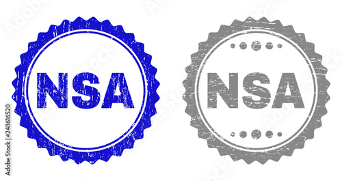 Grunge NSA stamp seals isolated on a white background. Rosette seals with distress texture in blue and gray colors. Vector rubber stamp imprint of NSA title inside round rosette.