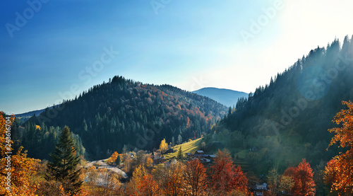 beautiful brihgt mountain landscape in the mountain village Dzembronya, Western Ukraine photo