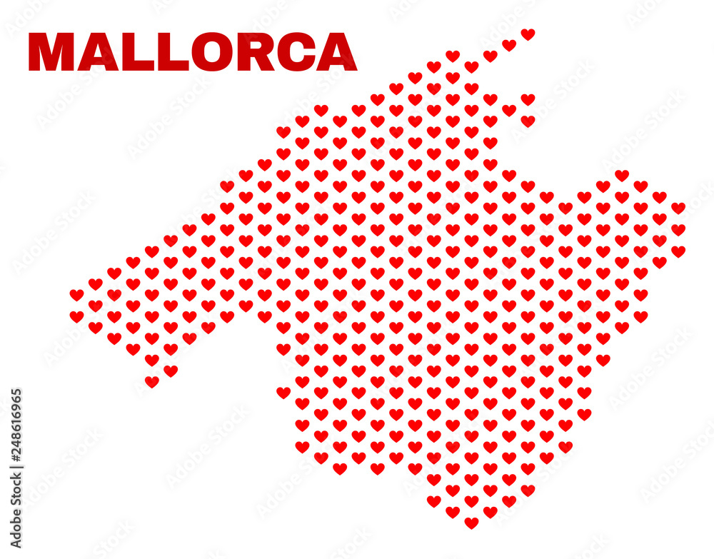 Mosaic Mallorca map of valentine hearts in red color isolated on a white background. Regular red heart pattern in shape of Mallorca map. Abstract design for Valentine illustrations.