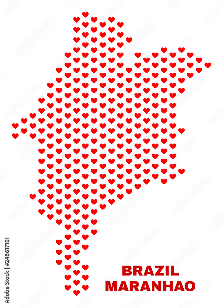 Mosaic Maranhao State map of heart hearts in red color isolated on a white background. Regular red heart pattern in shape of Maranhao State map. Abstract design for Valentine illustrations.