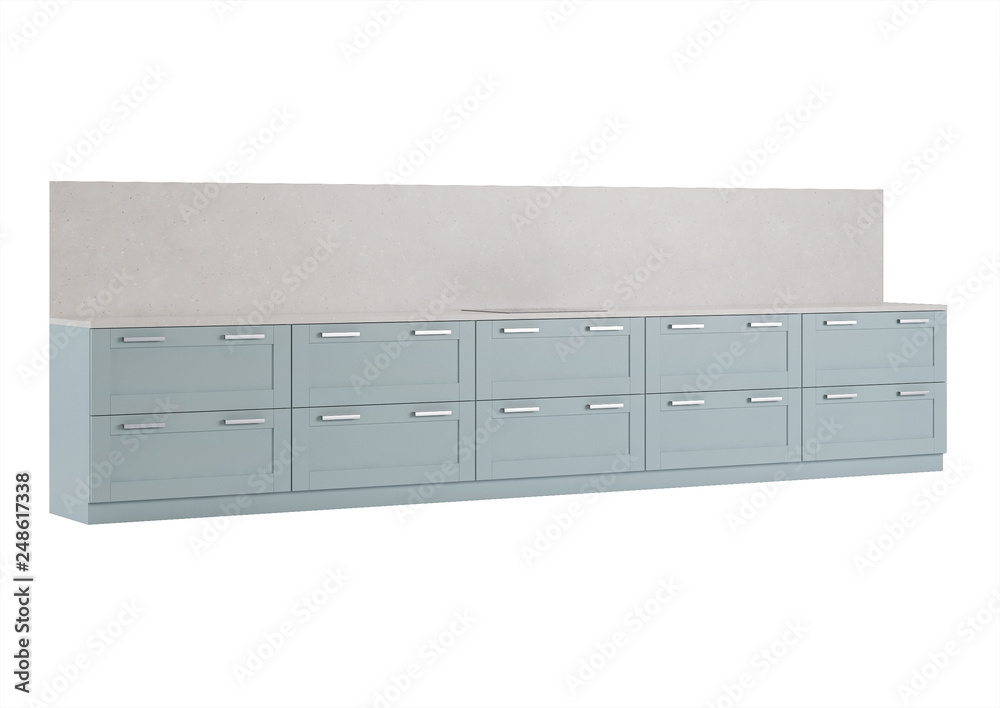 Blue kitchen on a white background. 3D rendering. Blue kitchen on a white background. 3D rendering.
