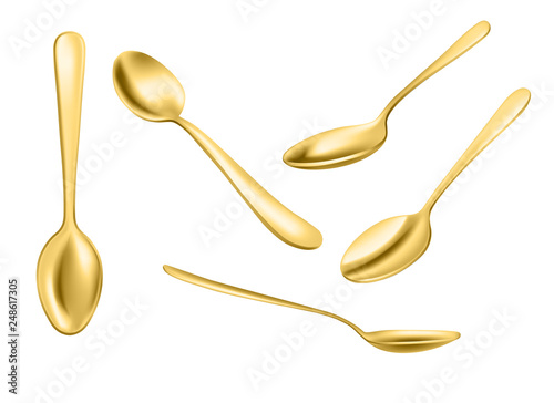 Set of realistic bronze metal spoons