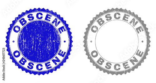 Grunge OBSCENE watermarks isolated on a white background. Rosette seals with grunge texture in blue and gray colors. Vector rubber stamp imprint of OBSCENE text inside round rosette.