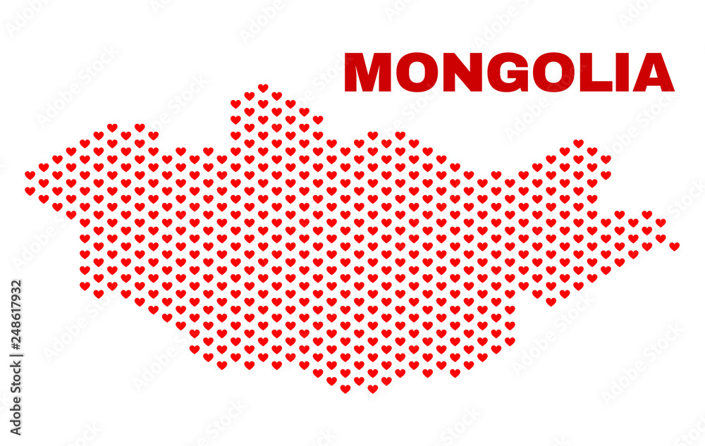 Mosaic Mongolia map of valentine hearts in red color isolated on a white background. Regular red heart pattern in shape of Mongolia map. Abstract design for Valentine illustrations.