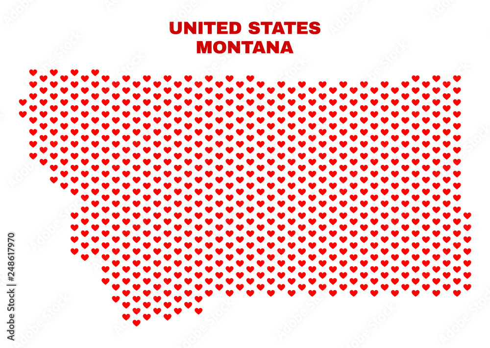 Mosaic Montana State map of love hearts in red color isolated on a white background. Regular red heart pattern in shape of Montana State map. Abstract design for Valentine illustrations.
