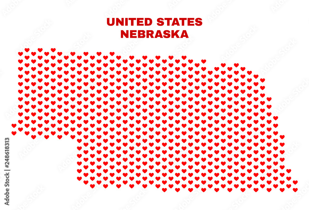 Mosaic Nebraska State map of heart hearts in red color isolated on a white background. Regular red heart pattern in shape of Nebraska State map. Abstract design for Valentine illustrations.