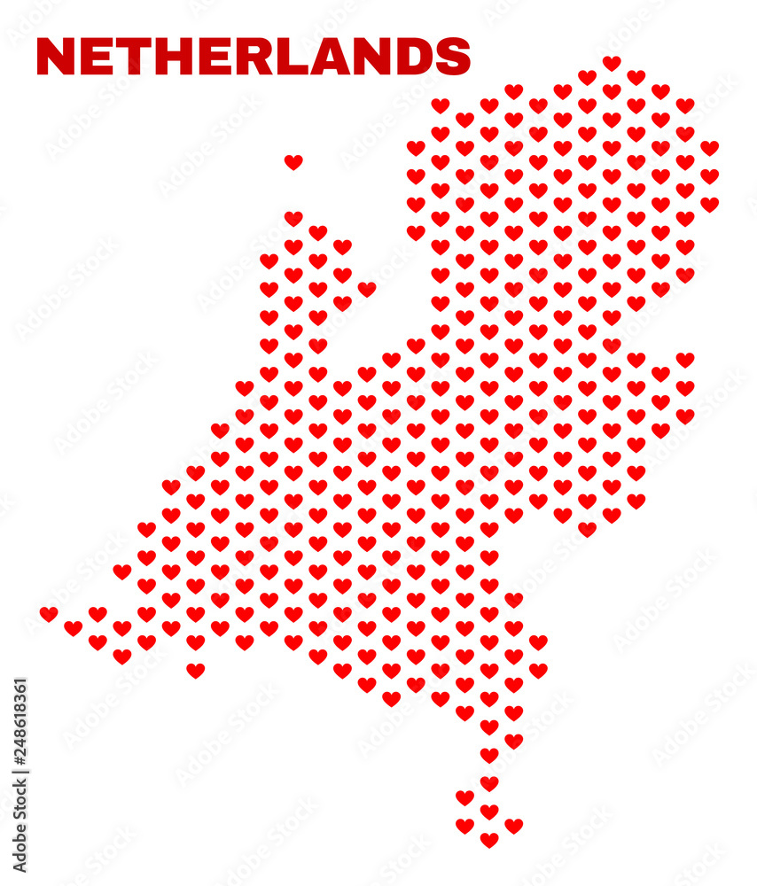 Mosaic Netherlands map of love hearts in red color isolated on a white background. Regular red heart pattern in shape of Netherlands map. Abstract design for Valentine decoration.