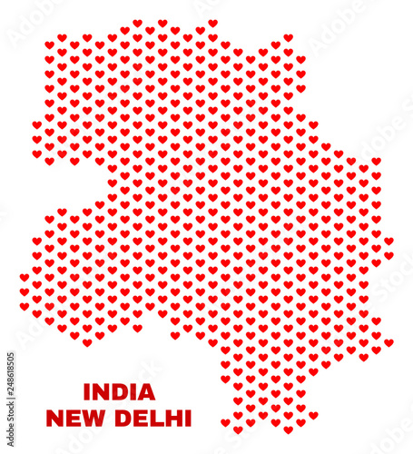 Mosaic New Delhi City map of love hearts in red color isolated on a white background. Regular red heart pattern in shape of New Delhi City map. Abstract design for Valentine decoration.