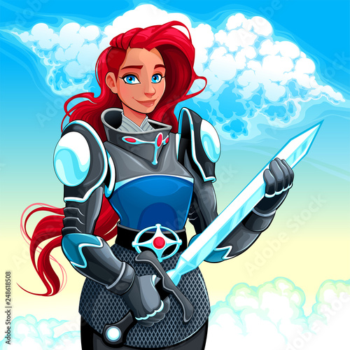 Female knight is holding the sword in her hands. Vector illustration
