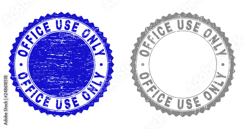 Grunge OFFICE USE ONLY stamp seals isolated on a white background. Rosette seals with grunge texture in blue and gray colors. Vector rubber overlay of OFFICE USE ONLY caption inside round rosette.