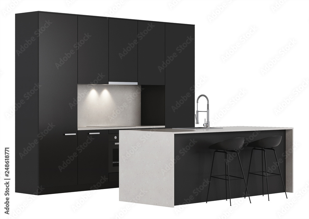 Black kitchen on a white background. 3D rendering. Black kitchen on a white background. 3D rendering.