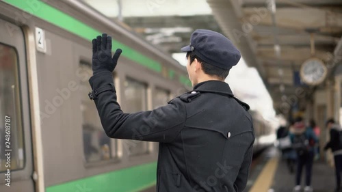Japanese Railway Station Staff Signaling to Train with Hand Movements