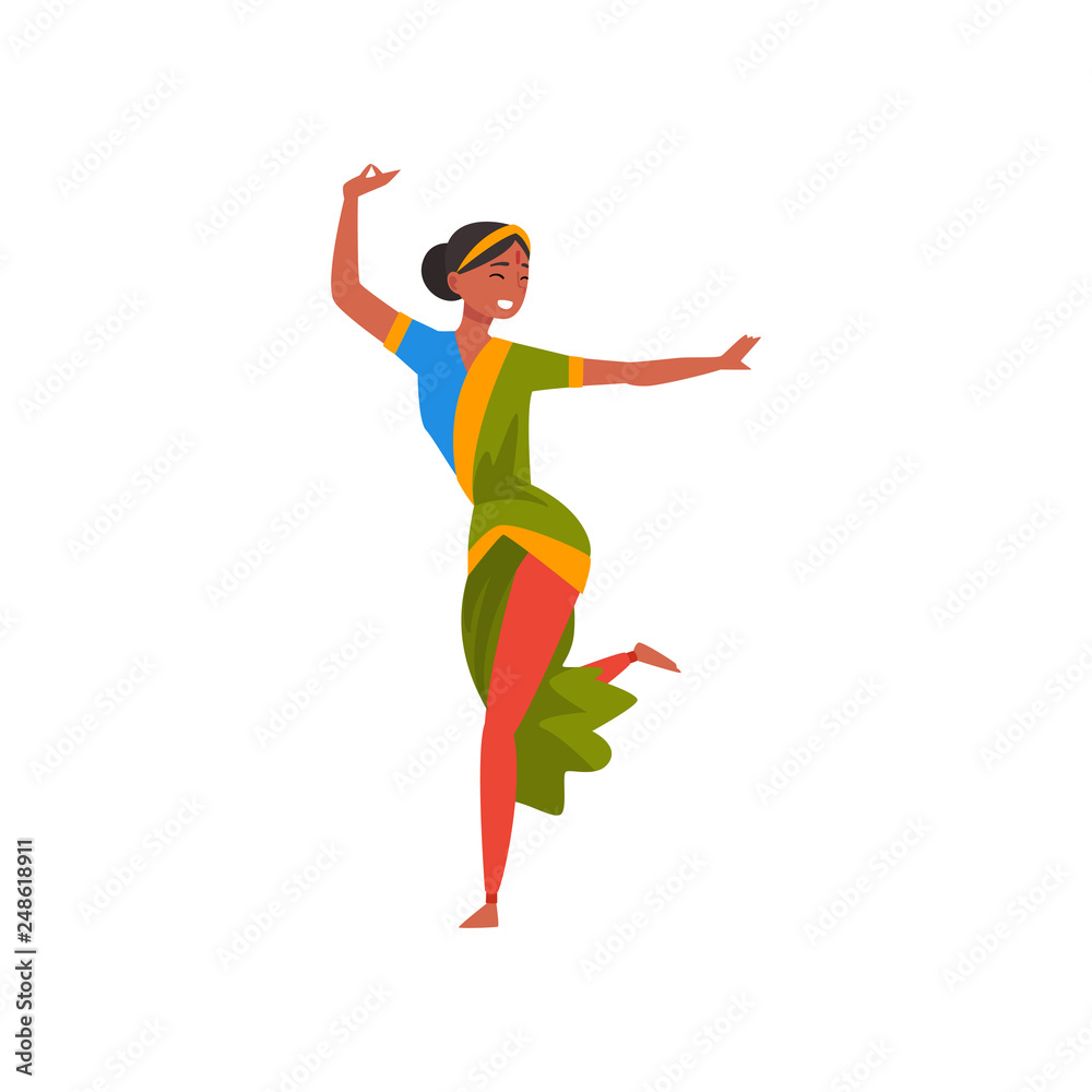 Fototapeta premium Indian Dancer in Green Traditional Sari, Beautiful Smiling Young Woman Performing Folk Dance Vector Illustration