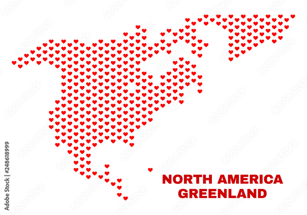 Mosaic North America and Greenland map of heart hearts in red color isolated on a white background. Regular red heart pattern in shape of North America and Greenland map.