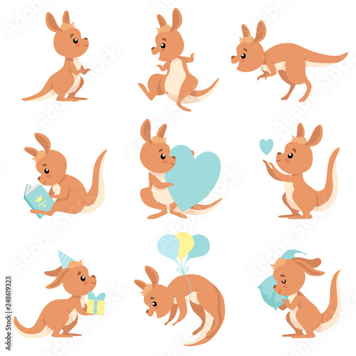 Cute Baby Kangaroo Set, Brown Wallaby Australian Animal Character in Different Situations Vector Illustration