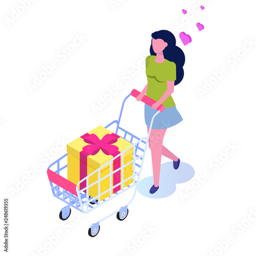 Shopping isometric concept with character. Woman with cart. Vector illustration.