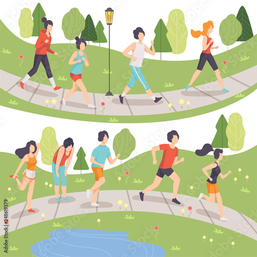 People Running in Summer Park Set, Young Men and Women Jogging, Physical Activities Outdoors, Healthy Lifestyle and Fitness Vector Illustration