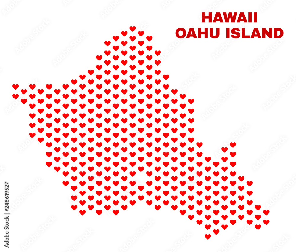 Mosaic Oahu Island map of heart hearts in red color isolated on a white background. Regular red heart pattern in shape of Oahu Island map. Abstract design for Valentine illustrations.