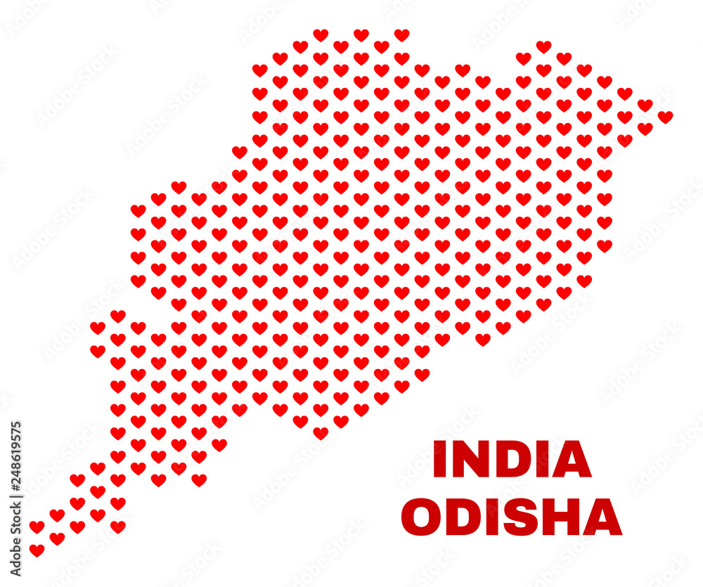 Mosaic Odisha State map of valentine hearts in red color isolated on a white background. Regular red heart pattern in shape of Odisha State map. Abstract design for Valentine illustrations.