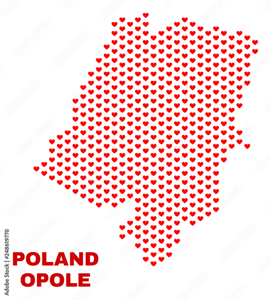 Mosaic Opole Voivodeship map of valentine hearts in red color isolated on a white background. Regular red heart pattern in shape of Opole Voivodeship map. Abstract design for Valentine decoration.