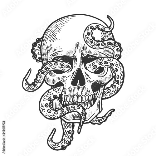 Octopus in human skull engraving vector illustration. Scratch board style imitation. Black and white hand drawn image.