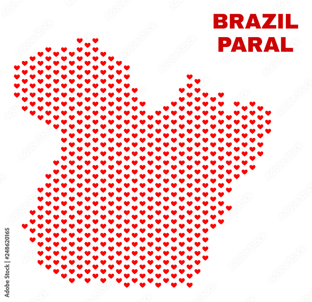 Mosaic Paral State map of love hearts in red color isolated on a white background. Regular red heart pattern in shape of Paral State map. Abstract design for Valentine decoration.