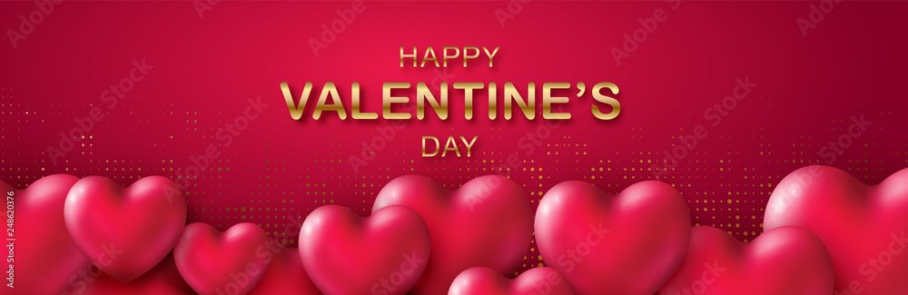 Happy Valentines Day banner with Pink Hearts and golden Lettering. Glittering luxury cover on red backdrop. Horizontal holidays poster, add, header, website, article. Vector illustration