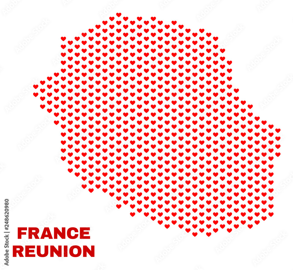 Mosaic Reunion Island map of love hearts in red color isolated on a white background. Regular red heart pattern in shape of Reunion Island map. Abstract design for Valentine decoration.