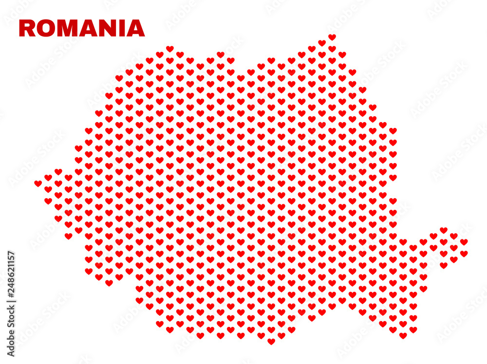 Mosaic Romania map of love hearts in red color isolated on a white background. Regular red heart pattern in shape of Romania map. Abstract design for Valentine illustrations.