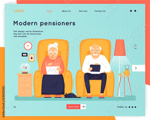 Modern old people, pensioners with gadgets. Landing page. Website Template.