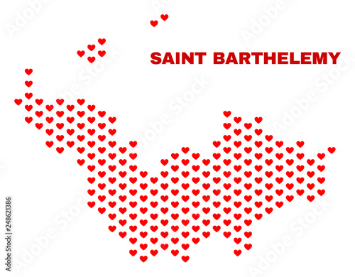 Mosaic Saint Barthelemy map of love hearts in red color isolated on a white background. Regular red heart pattern in shape of Saint Barthelemy map. Abstract design for Valentine decoration.