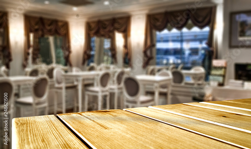 Table background of free space and restaurant interior 