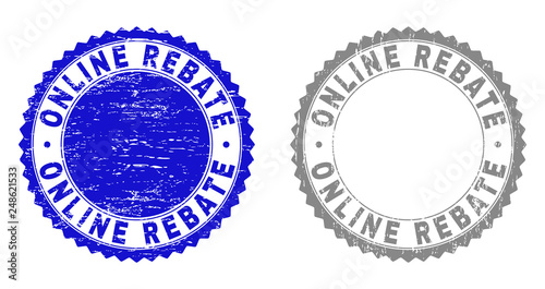 Grunge ONLINE REBATE stamp seals isolated on a white background. Rosette seals with grunge texture in blue and gray colors. Vector rubber stamp imprint of ONLINE REBATE tag inside round rosette.
