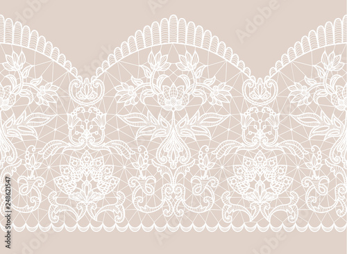 Horizontally seamless beige background and white lace ribbon with floral pattern