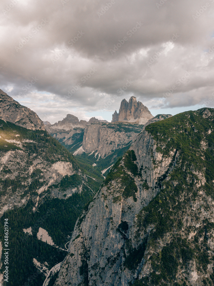 Aerial drone shot of massiv mountains in the Dolomites within the italian Alps