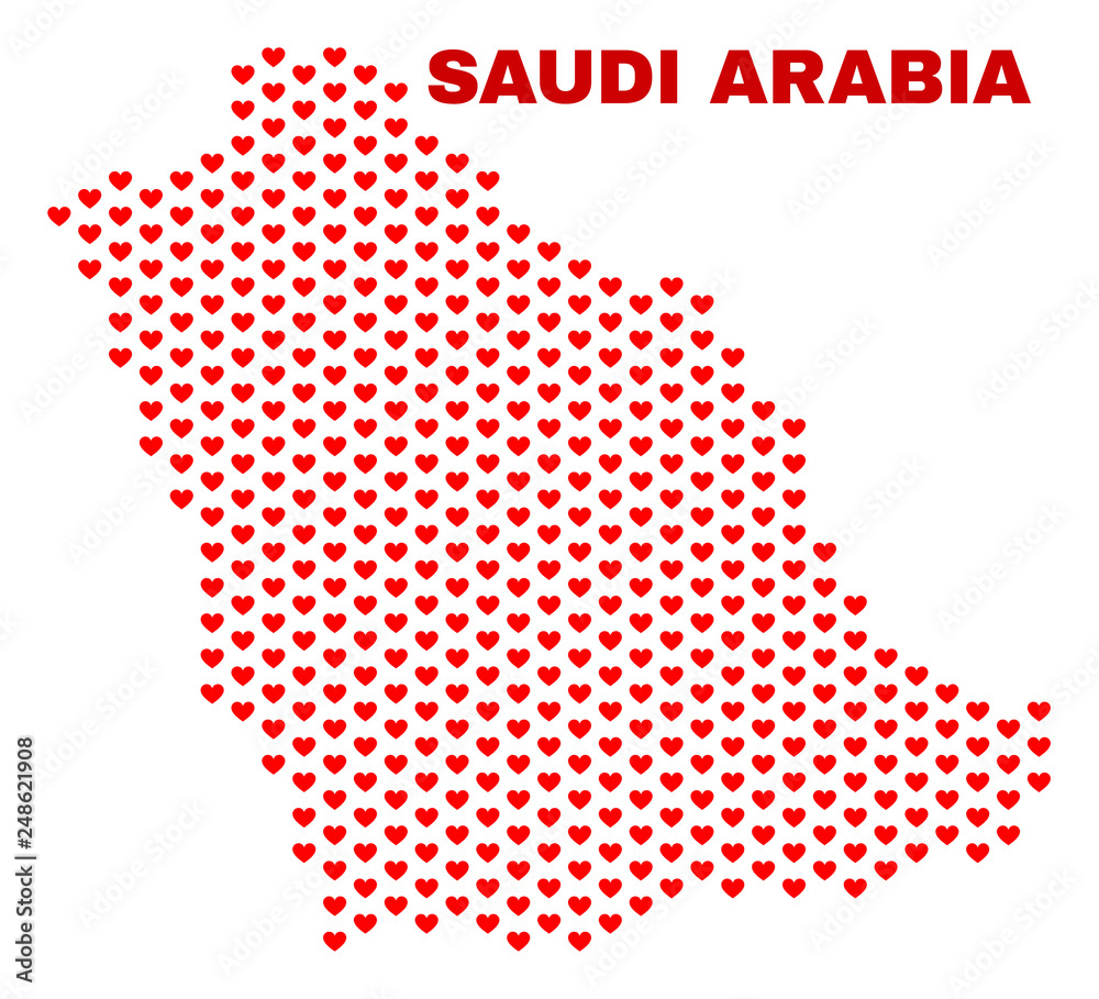 Mosaic Saudi Arabia map of love hearts in red color isolated on a white background. Regular red heart pattern in shape of Saudi Arabia map. Abstract design for Valentine decoration. Mosaic Saudi Arabia map of love hearts in red color isolated on a white background. Regular red heart pattern in shape of Saudi Arabia map. Abstract design for Valentine decoration.