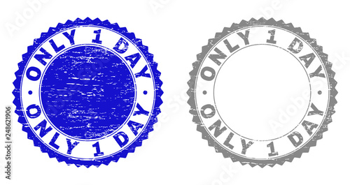 Grunge ONLY 1 DAY stamp seals isolated on a white background. Rosette seals with grunge texture in blue and grey colors. Vector rubber stamp imprint of ONLY 1 DAY text inside round rosette.