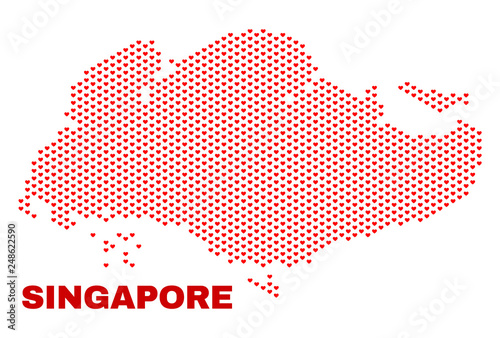 Mosaic Singapore map of heart hearts in red color isolated on a white background. Regular red heart pattern in shape of Singapore map. Abstract design for Valentine decoration.