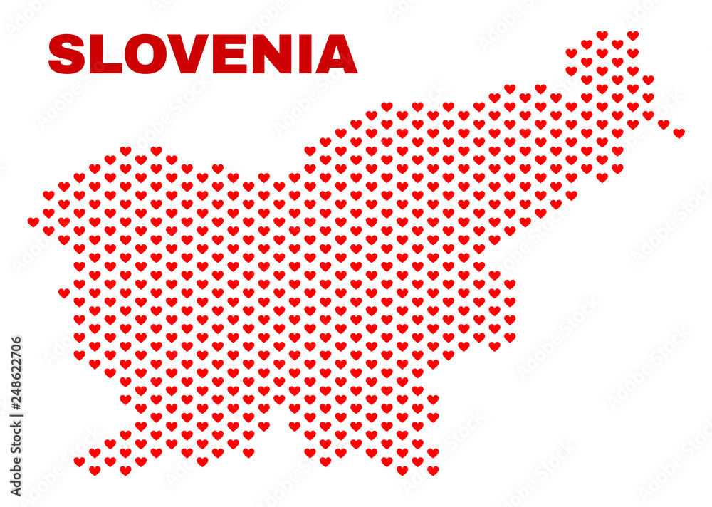 Mosaic Slovenia map of valentine hearts in red color isolated on a white background. Regular red heart pattern in shape of Slovenia map. Abstract design for Valentine decoration.