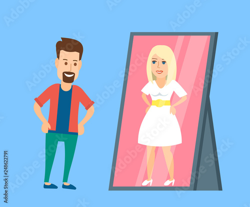 man looking on woman reflection in mirror . transgender concept