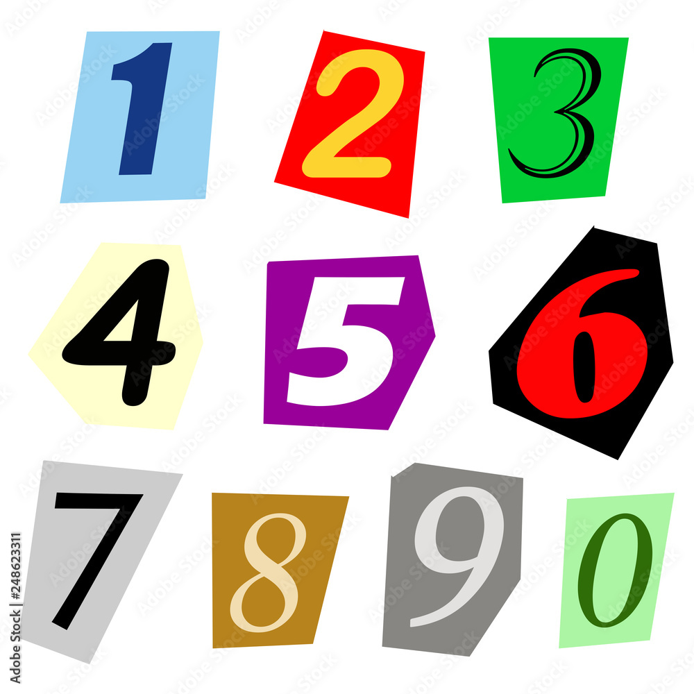 Complete Set Of Single Digit Numbers Cut Out From Magazine Stock