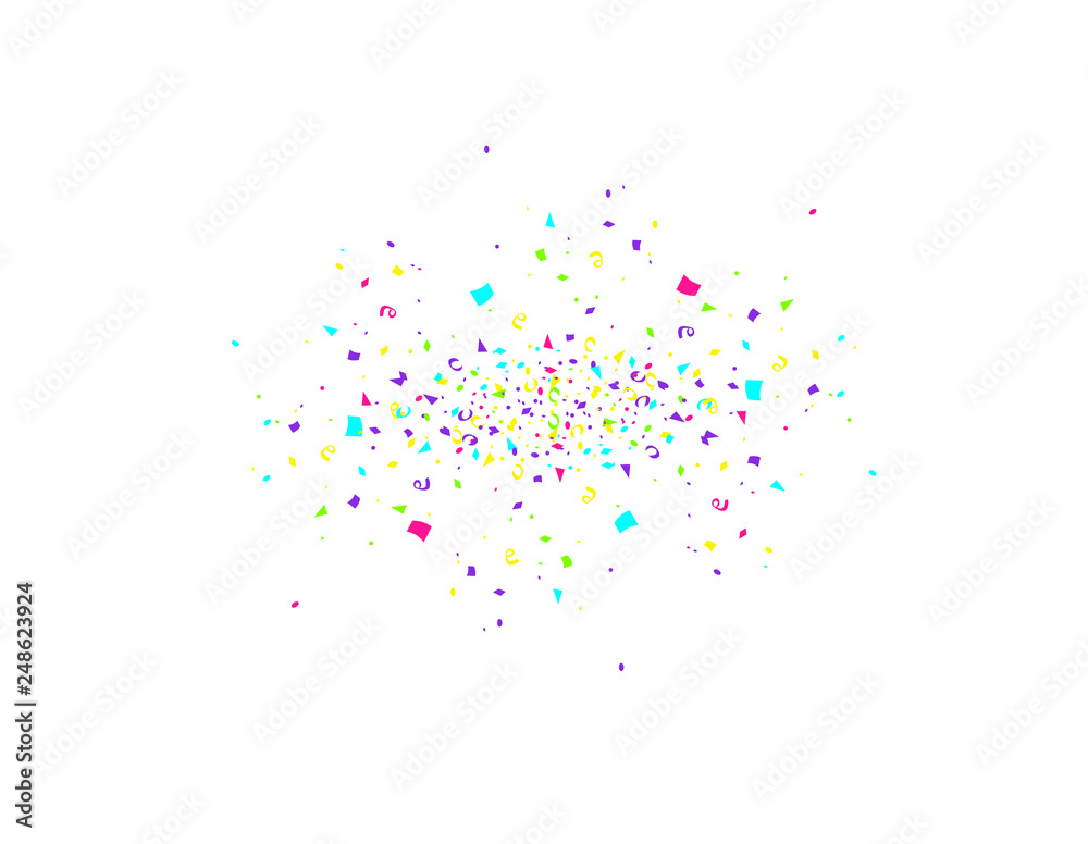 Colorful confetti burst isolated on white background. Festive template. Vector illustration of falling particles for holydays design