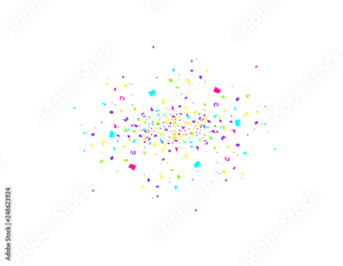 Colorful confetti burst isolated on white background. Festive template. Vector illustration of falling particles for holydays design