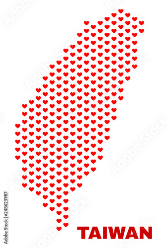 Mosaic Taiwan map of heart hearts in red color isolated on a white background. Regular red heart pattern in shape of Taiwan map. Abstract design for Valentine decoration. photo